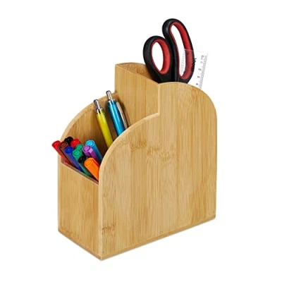 Afbeelding van Relaxdays pennenbak bamboe pennenhouder met 2 vakken bureau organizer kantoor
