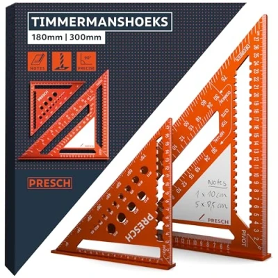 Afbeelding van Presch Driehoek Set 180mm &amp; 300mm Innovatief, uitwisbaar notitievlak Slimme boormal voor exacte diameters Hoogprecies gefreesd aluminium permanent nauwkeurige hoeken van 90