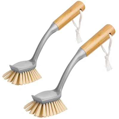 Afbeelding van MR.SIGA Schotelborstel met lange bamboe handvat ingebouwde schraper, schrobborstel voor pannen, potten, gootsteenreiniging, verpakking van 2 stuks