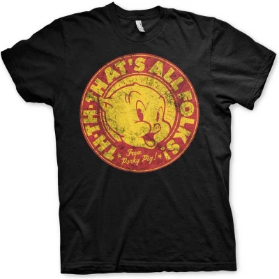 Afbeelding van Looney Tunes Heren Tshirt XL Porky Pig That&#039;s All Folks! Zwart