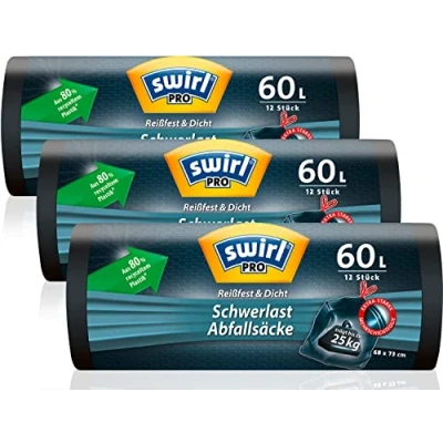 Afbeelding van Swirl vuilniszakken voor zware lasten, 60 l (3 x 12 zakken), met praktisch trekkoord, druppel en perforatiebestendige zwaar afval uit huis tuin