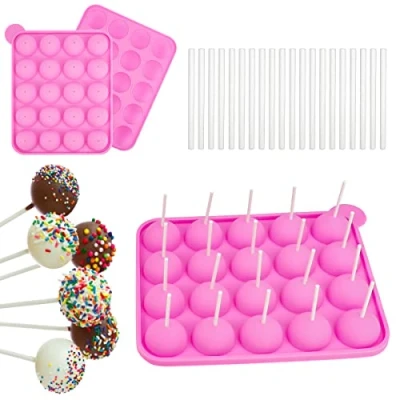 Afbeelding van cake Pops vorm 20 ronde cakepop siliconen pop met stuks Lollipop sticks cakepopsvorm cakepopvormen voor cakes, snoep, gelei en chocolade, anti aanbaklaag (roze)