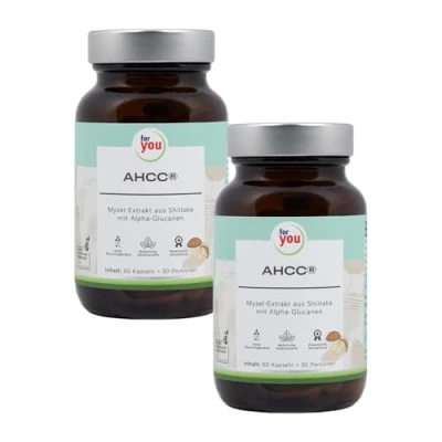 Afbeelding van for you AHCC Dubbelpak 2x60 capsules 1.000 mg per dagelijkse dosis Shiitake paddenstoel voor immuunondersteuning van gecultiveerd &amp; gefermenteerd extract met alfa glucanen. Immunostimulerende
