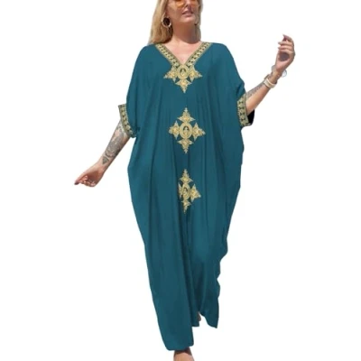Afbeelding van YouKD Dames Zomer Lange Kaftan Maxi Boho Jurk V hals Strand Badpak Coverups Avondjurk