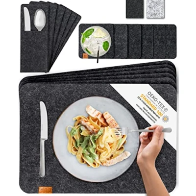 Afbeelding van MIQIO® Design Ontwerp Premium Vilt&amp;Leer Wasbaar Placemat met Onderzetters en Bestekzakken (Donkergrijs, set voor 6 personen)