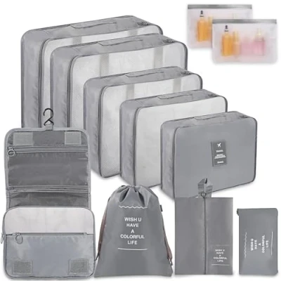 Afbeelding van WECUTE Kofferorganizer, 11 delige verpakkingskubussen voor kleding, reisorganizer schoenen en cosmetica (grijs)