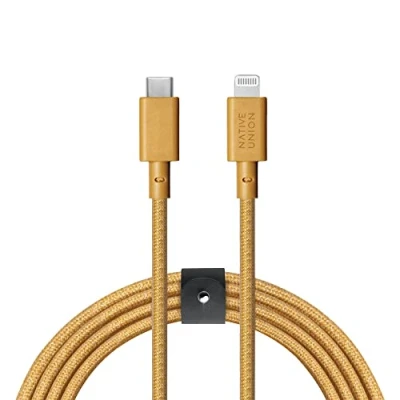 Afbeelding van Native Union Riemkabel XL 10ft Ultra sterke versterkte duurzame USB C naar Lightning [MFi gecertificeerd] oplaadkabel met lederen band compatibel iPhone 14, 13 en eerder (Kraft)