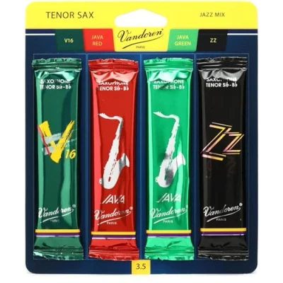 Afbeelding van Vandoren SRMIXT35 Tenorsax Jazz Reed Mix Card bevat 1 ZZ, V16, JAVA en Red Strength 3.5