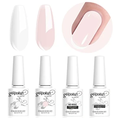 Afbeelding van Vishine Nagellakset, semi permanent, gelnagellak en onderlak, voor Franse manicure, uv/led, soak off, nail art, french, wit, roze, 4 stuks, 8 ml