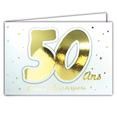 Afbeelding van Afie 69 2205 wenskaart voor de 50e verjaardag met gouden sterren op een witte achtergrond, enveloppe; formaat gesloten kaart 17 x 11,5 cm