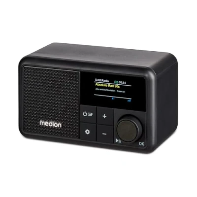 Afbeelding van MEDION S66822 Draagbare mini DAB+ radio met Bluetooth (oplaadbare batterij, dimbaar kleurenscherm, telescopische antenne, sleeptimer, wekker, sluimerstand, AUX, USB C) zwart