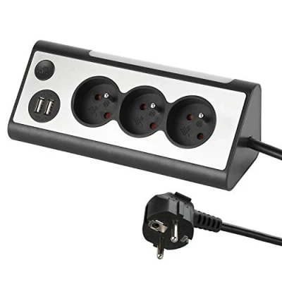 Afbeelding van Electraline 35430, hoekstekkerdoos, 3 stopcontacten, 2 USB poorten, aan/uit schakelaar voor het in en uitschakelen van de led, kabel 1,5 m, grijs/zwart