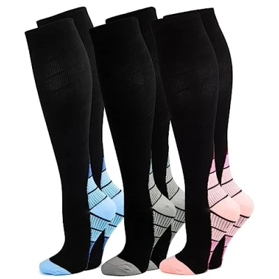 Afbeelding van 3 paar compressiekousen voor dames en heren, sport, hardlopen, vlucht, reizen, zwangerschap, medische compressiesokken, steunkousen, Mengen 02, S/M