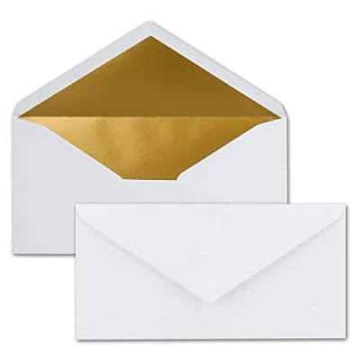 Afbeelding van 15 enveloppen DIN lang wit met goud metallic voering 110 x 220 mm nat lijmen feestelijke voor Kerstmis