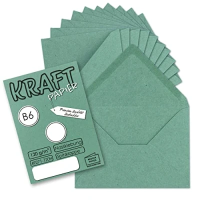 Afbeelding van Gustav Neuser Enveloppen, 100 x vintage enveloppen in eucalyptus (groen), DIN B6, 125 178 mm, kraftpapier, 120 g/m², recycling, natte plakrand, puntklep