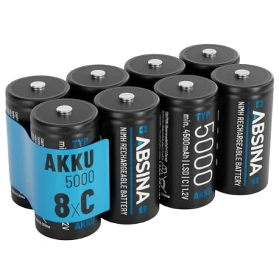 Afbeelding van ABSINA 8X batterijen C Baby LR 14 oplaadbaar 5000 met lage zelfontlading NiMH min. 4500mAh &amp; 1,2 V batterij, batterijen, C, batterij LR14