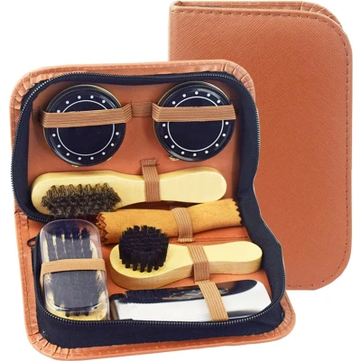 Afbeelding van Schoenpoetsset schoenpoets set met Schoenssmeer, Borstel, Lepel en Wax Premium 8 delig 2x schoensmeer in handige reis etui