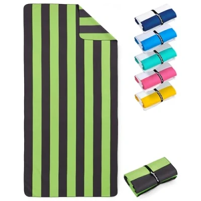 Afbeelding van Stranddeken XXL microvezel strandhanddoek groot, licht en sneldrogend 100% gerecyclede handdoek Strandlaken Groen Donkergrijs gestreept 200cmx90cm
