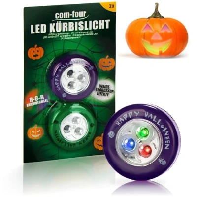 Afbeelding van COM FOUR® 2x LED lampjes voor Halloween Knipperende Pompoen uitgeholde en uitgesneden pompoenen lamp (Set groen + paars)