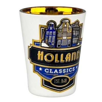 Afbeelding van Shotglas Holland Huisjes Blauw Goudfolie