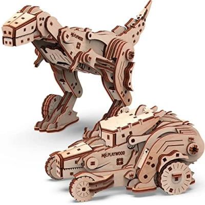 Afbeelding van Mr. Playwood Transformer &quot;Dinocar&quot; 3D houten puzzel Bouwpakket hout DIY Knutselen Miniatuur 206 onderdelen