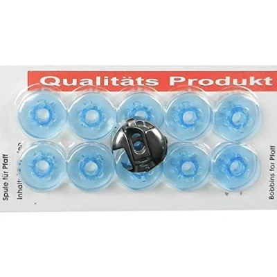 Afbeelding van Spoelcapsule capsule 6 mm en 10 blauwe kunststof spoelen voor Pfaff naaimachine met omloopgrijper