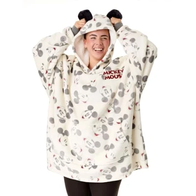 Afbeelding van Disney Mickey Mouse Womens draagbare deken hoodie Beige trui met capuchon en all over print voor volwassenen Dames one size sherpa gevoerde loungewear zakken 3D oren