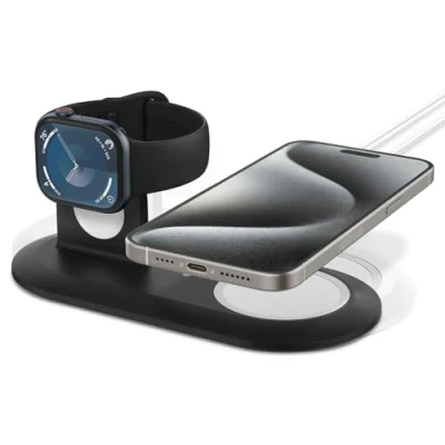 Afbeelding van Spigen Mag Fit Duo Ontworpen voor MagSafe Charger Pad/Ontworpen Apple Watch Stand iPhone 15/14/13/12 en Ultra 2/Ultra 9/8/7/6/5/SE/4/3/2/1 Zwart