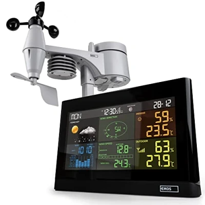 Afbeelding van EMOS Weerstation met Wind en Regenmeter, Draadloos Binnen Buitenweersysteem Kleurendisplay, Bewaakt Temperatuur, Luchtdruk, Luchtvochtigheid, Comfort &amp; Hitte index, 12 24 Uursvoorspelling
