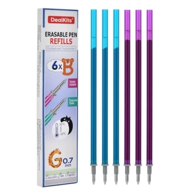 Afbeelding van DealKits uitwisbare reservevullingen, compatibel met Legami, 0,7 mm rollerbal, uitwisbaar, navullingen voor pennen, thermo gevoelige inkt, 2 kleuren (3 x turquoise, 3 paars)