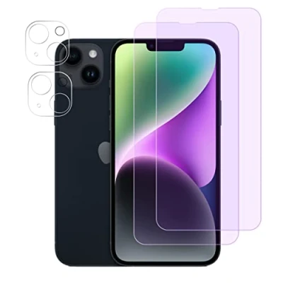Afbeelding van FiiMoo Anti blauw licht schermbeschermer compatibel met iPhone 14, [2+2 pack] [Screen Protector + Camera Lens Protector] [9H Hardheid] Oogbescherming, blokkeert overmatig schadelijk voor 14