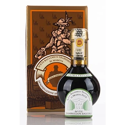 Afbeelding van Traditionele balsamico azijn van Modena D.O.P., EXTRA OUD, meer dan 25 jaar rijping. Verpakt in de officiële doos Consorzio Produttori Antiche Acetaie, met maatdop en flyer ACETAIA GAMBIGLIANI ZOCCOLI