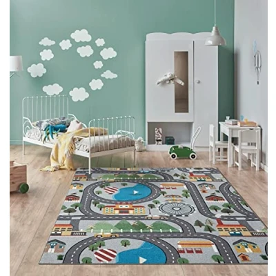 Afbeelding van the carpet Happy Life Kinderkamer, kindertapijt, speeltapijt, wasbaar, wegtapijt, wegen, stad, auto, Grijs, 120 x 160 cm