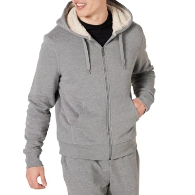Afbeelding van Amazon Essentials Men&#039;s met sherpa gevoerde fleecetrui capuchon en volledige ritssluiting, Lichtgrijs, S