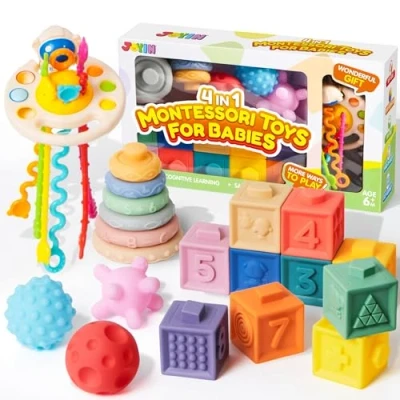 Afbeelding van JOYIN Montessori Babyspeelgoed, 6 maanden, stapelspeelgoed, blokken, siliconen trekkoord, activiteitsspeelgoed, motoriek, 4 in 1 sensorisch speelgoed, peuters, cadeau voor jongens en meisjes