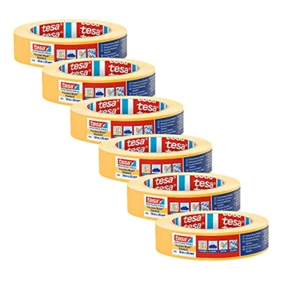 Afbeelding van tesa Precisiecrêpe 4334 PLUS 6 stuks professionele schilderskape met extra dunne papierdrager voor bijzonder nauwkeurig afplakken en afdekken geel elk 50 m x 25 mm
