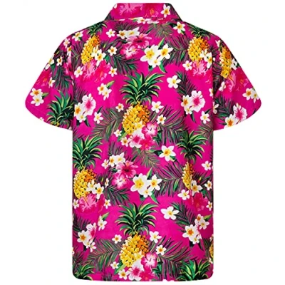 Afbeelding van King Kameha Hawaiihemd, voor heren, korte mouwen, borstzakje, Hawaii print met ananas en hibiscusmotief, Pineapple Flowers Roze, XXL