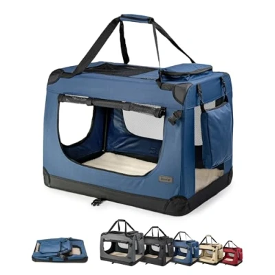 Afbeelding van lionto Opvouwbare Hondentransportbox voor Reizen &amp; Auto, 90x61x65 cm, Stevige Draagbox met Handvaten Deken, tot 22 kg, Duurzame Stoffen Hondenbox, Klein Groot, Donkerblauw