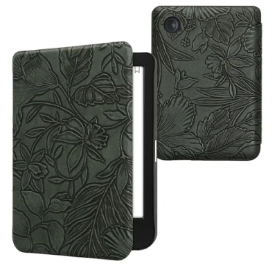 Afbeelding van kwmobile E reader hoesje geschikt voor Kobo Clara BW / Colour hoes flip case met magnetische sluiting Ereader cover Bloemen in reliëf design groen