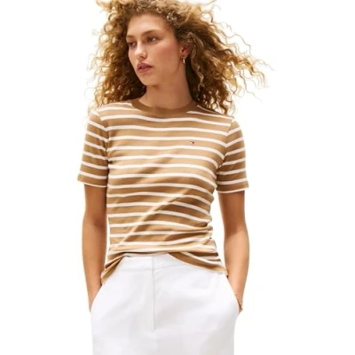 Afbeelding van Tommy Hilfiger S/S gebreide tops voor dames, Bruin (Hickory/Ecru Stp), XS