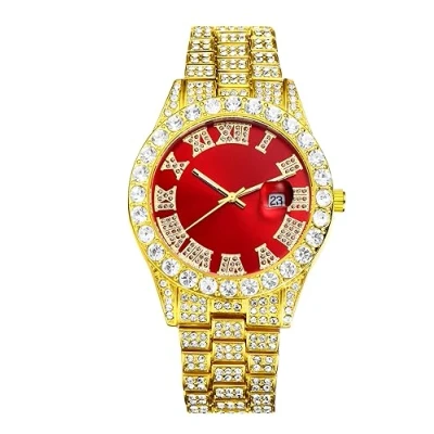 Afbeelding van JewelryWe Horloge met diamanten voor heren en dames, set van 2 polshorloge Armband diamanten, rond, analoog, kwarts, roestvrij staal, goud zilver, Rood goud,