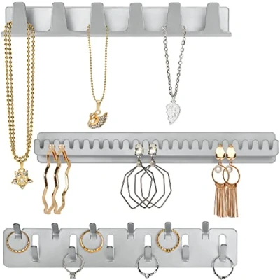 Afbeelding van Belle Vous 3 Pak Metalen Ketting Hanger Houders Set van Zelfklevende Muurgemonteerde Haken &amp; Pinnen Hangende Display Organizer Kettingen, Ring, Armbanden Oorbellen Opslag Houder (3 Pack)