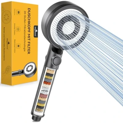 Afbeelding van Magichome douchekop met filter in 20 lagen, 5 straalsoorten, hogedruk handdouche en stopfunctie, douche, waterbesparende voor het verwijderen van hard water, restchloor