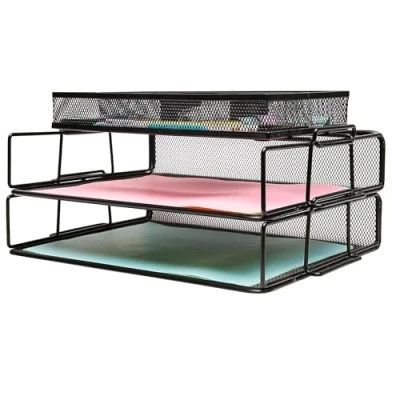 Afbeelding van EXERZ Laag van 2 bedrade gaaspapiersorteerders plus een accessoirelade/bureauorganiser/afneembare bestandshouder, met extra verdeler/memohouder bovenop kantoor, school, studie multifunctioneel