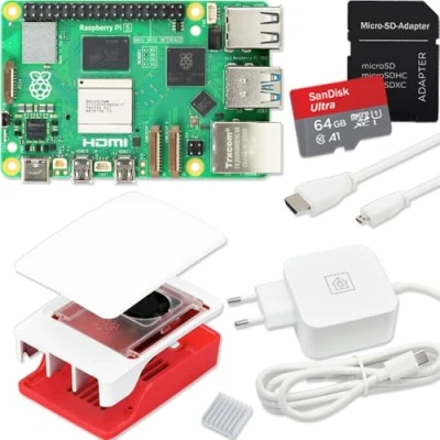 Afbeelding van Raspberry Pi 5 4GB Starter Kit / USB C 45W voeding behuizing met ventilator 32GB SD kaart Micro HDMI kabel rood wit