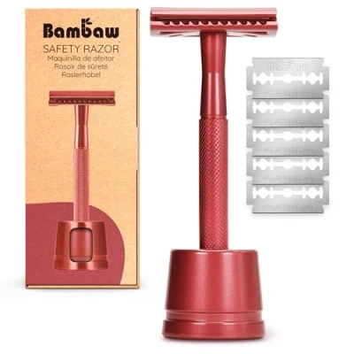 Afbeelding van Metalen Veiligheidsscheermes met Stand Rood Nat Scheren voor Mannen &amp; Vrouwen Geschikt Alle Double Edge Mesjes Safety Razor Milieuvriendelijk Scheermes Bambaw