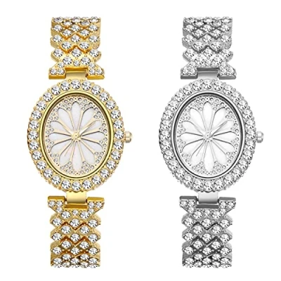 Afbeelding van JewelryWe Polshorloge voor dames, elegant, uniek strass, ronde/ovale wijzerplaat, analoog, kwarts, casual horloge, dameshorloge met metalen armband, kogelarmband, goud zilver, Ovaal, 2 stuks, armband