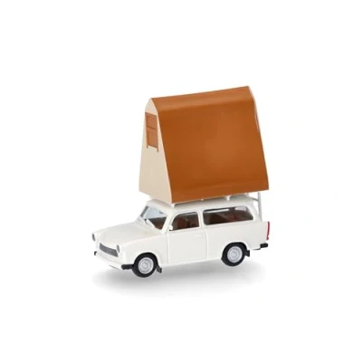 Afbeelding van Herpa modelauto Trabant 601 Universal met dak tent, miniatuur op schaal 1:87, verzamelobject, Made in Germany, model van kunststof