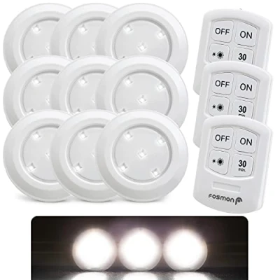 Afbeelding van Fosmon Draadloze LED Puck Light 9 pack, kastverlichting, spots batterij aangedreven nachtlampje met batterij, dimbare spot en afstandsbediening timerfunctie
