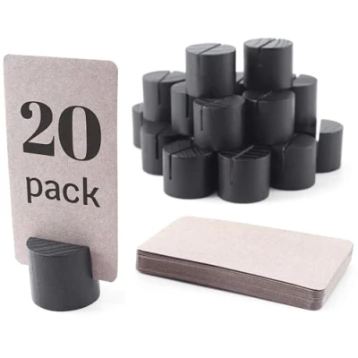 Afbeelding van Set van 20 mini houten tafelnummerhouders met 25 stuks kraftpapier plaatskaarten plaatskaarthouders, eettafel kaarthouders, naamkaarthouders voor tafels, foto en tekenhouder (zwart)